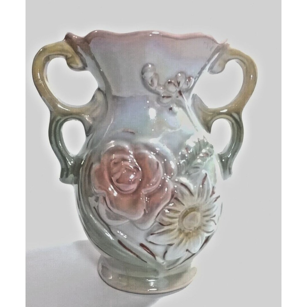 Lusterware Vase  Floral double Handle  Raised Floral Design 5" Made in Brazil